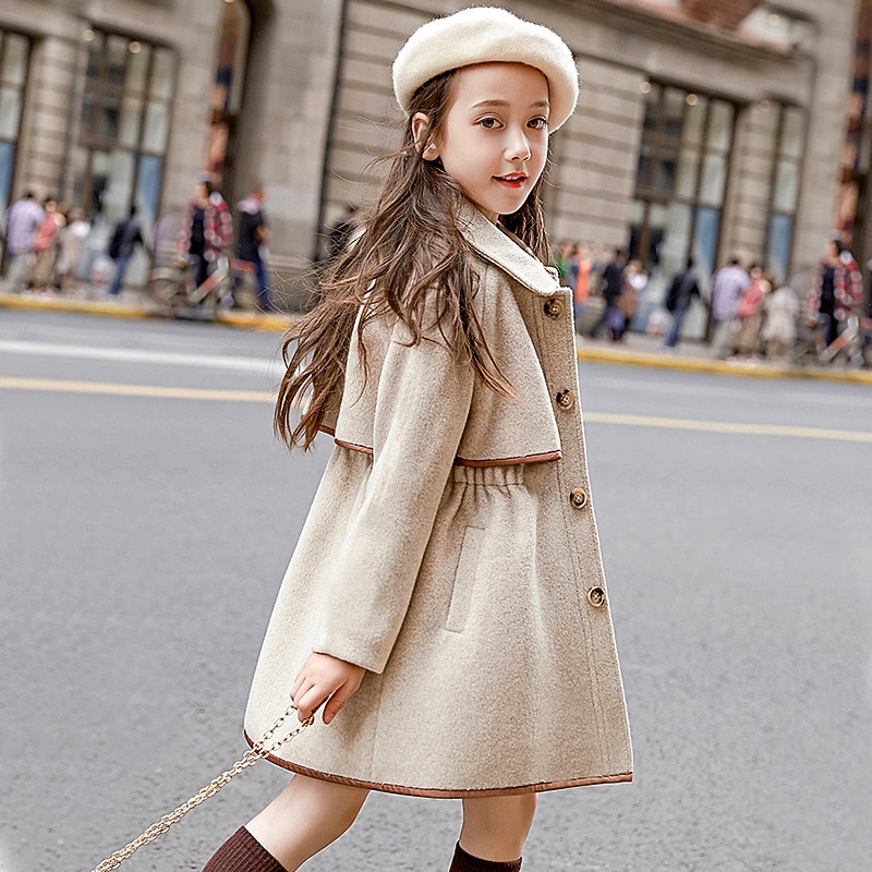 Kids Girls' Coat Long Sleeve Beige Plain Pocket Fall Winter Active Daily 3-13 Years2