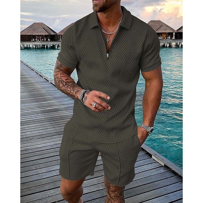Men's T-shirt Suits Golf Polos Shirts Street Casual Turndown Quarter Zip Short Sleeve Modern Casual Waves Curve 3D Print Summer Regular Fit Green / Black Black Yellow Pink Red Navy Blue T-shirt Suits3