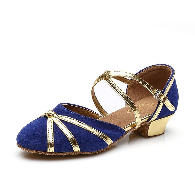 Women's Black and Gold Latin Dance Shoes – Strappy Design with Low Heels and Suede Sole for Performance4