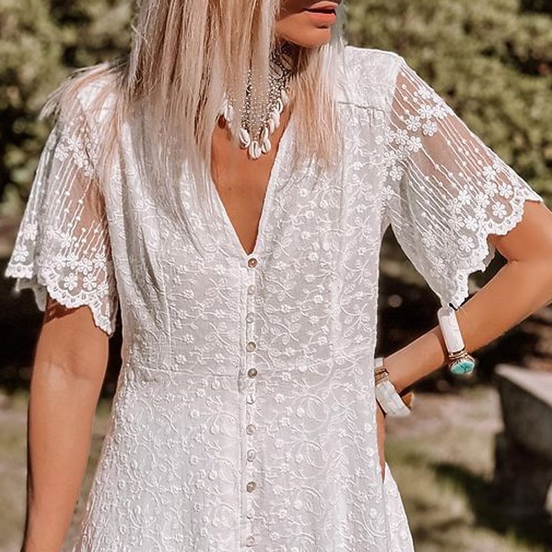 Women's Midi Dress Party Dress Swing Dress Elegant Mature Outdoor Holiday Going out Regular Fit Pure Color Short Sleeve V Neck White Summer Spring4