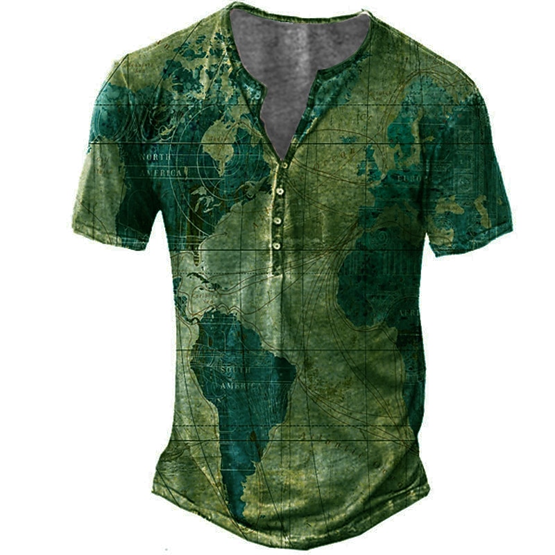 Men's Graphic Map T Shirt Vintage Shirt Henley Shirt Short Sleeve 3D Print Designer Basic Casual Outdoor Daily Sports Summer Blue Purple Green Khaki Henley Henley T-Shirt4
