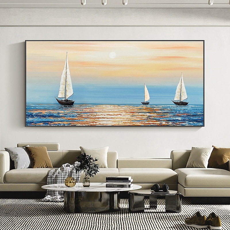 Handmade Oil Painting Canvas Wall Art Decoration Abstract Sailboat in the Sunset Painting Abstract Ocean Seascape Painting for Home Decor Rolled Frameless Unstretched Painting