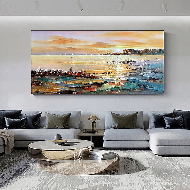 Handmade Oil Painting Canvas Wall Art Decoration Abstract Seascape Painting Colorful Seaside Sunset for Home Decor Rolled Frameless Unstretched Painting2