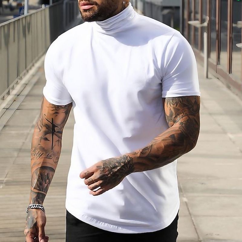 Men's T Shirt Mock Turtleneck Short Sleeve Turtleneck Summer Plain Fashion Casual Comfortable Street Holiday Beach Wine Black White Top Tee for Men