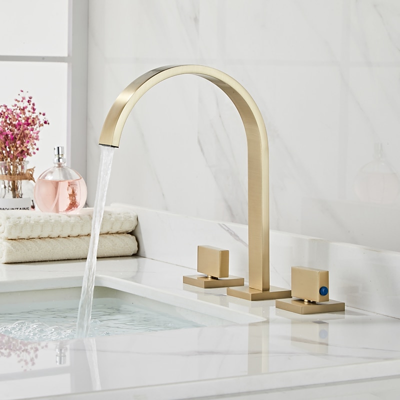 Widespread Bathroom Sink Mixer Faucet, High Arc Basin Taps 3 Hole 2 Handle Basin Tap Deck Mounted, Y-shape Quick Connect ashroom Vessel Water Tap with Cold Hot Hose2