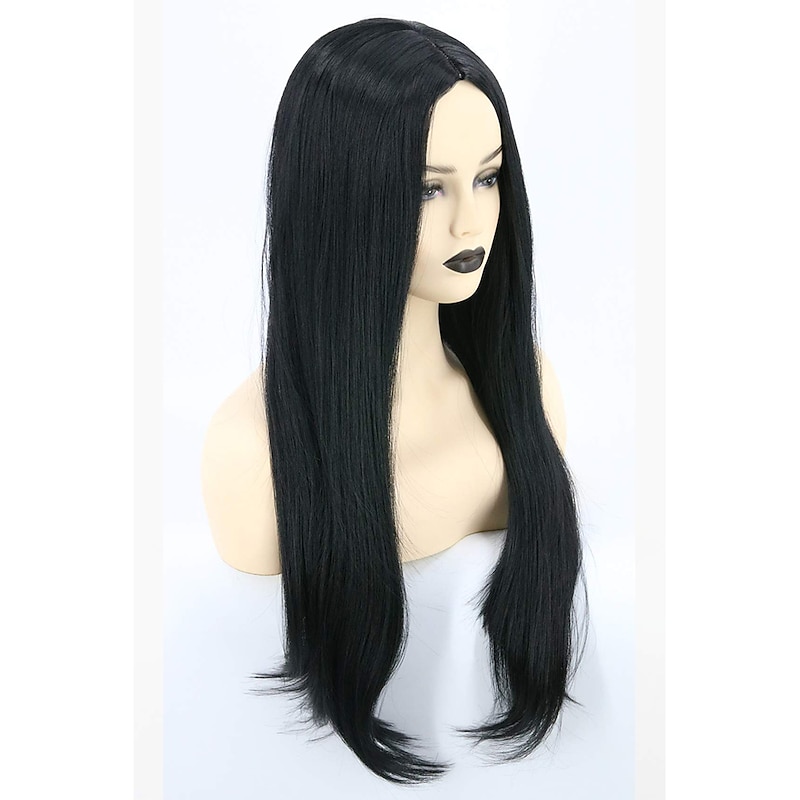 Addams Adult Topcosplay Women Wigs Black Long Straight Middle Part 28inch Cosplay Hair Replacement Wigs Halloween Wigs2