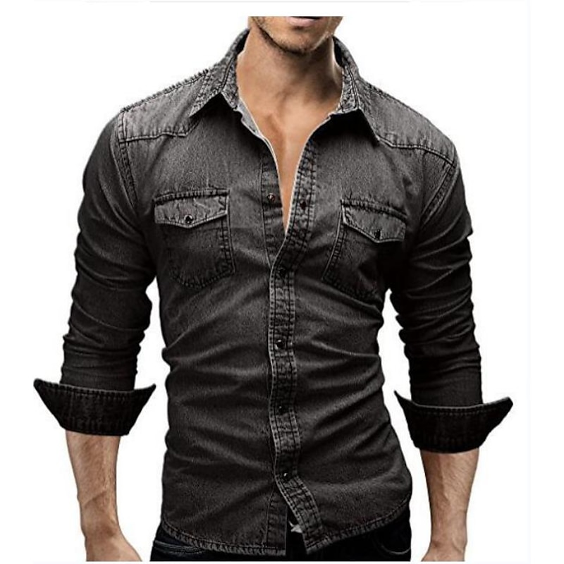 Men's Denim Shirt Light Grey Dark Gray Light Blue Long Sleeve Solid Colored Turndown Vacation Casual Button-Down Clothing Apparel Polyester Fashion Casual Breathable Comfortable4