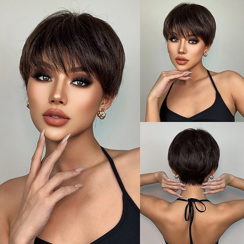 HAIRCUBE Short Straight Wigs Ombre Brown Synthetic Hair Wigs with Bangs for Black Women Daily Cosplay Heat Resistant Natural Hair Wigs Christmas Party Wigs