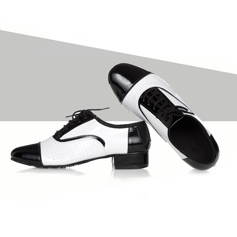 Men's Black and White Ballroom Dance Shoes – Patent Leather Lace-Up Latin & Jazz Performance Oxfords3
