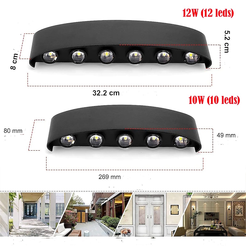 LED Wall Light Outdoor Waterproof 10W 12W Up and Down Lighting Modern Indoor Double-Head Curved Wall Lamp Warm White AC85-265V4