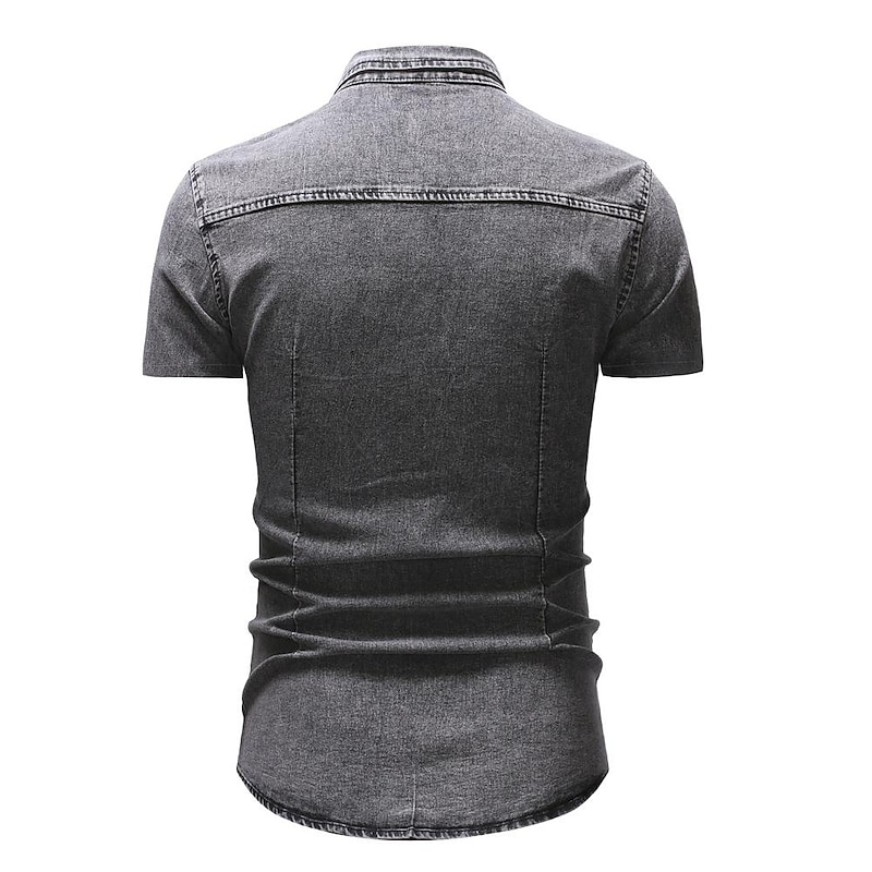 Men's Shirt Chambray Shirt Summer Shirt Jeans Shirt Button Up Shirt Cargo Shirt Light Blue Navy Blue Light Grey Dark Grey Short Sleeve Plain Turndown Vacation Street Denim Clothing Apparel Denim3