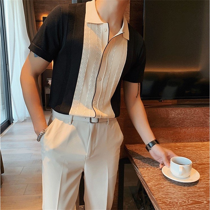 Men's Knit Polo Sweater Polo Shirt Casual Daily Turndown Button Short Sleeve Fashion Chunky Color Block Button Front Summer Spring Fall Regular Fit Black / Gray Yellow Knit Polo Sweater3