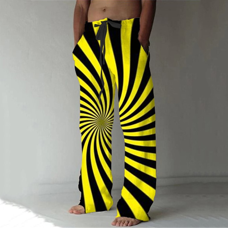 Men's Trousers Summer Pants Beach Pants Elastic Drawstring Design Front Pocket Straight Leg Optical Illusion Graphic Prints Geometry Comfort Soft Casual Daily Fashion Classic Style Black Yellow2