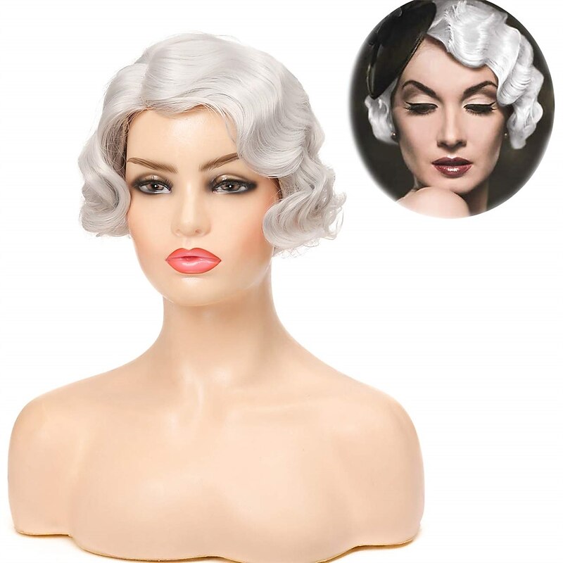 Baruisi Silver Short Curly 1920s Nuna Wig for Women Synthetic Cosplay Finger Wave Pixie Wig Halloween Wigs