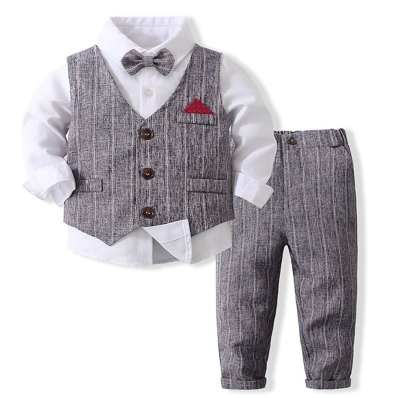 3 Pieces Ring Bearer Suit Boys Kids Suit Formal Suit Shirt & Pants Tank & Pants Clothing Set School Formal Vacation Fashion Basic Formal Stripe Patchwork Blue Khaki Gray Cotton3