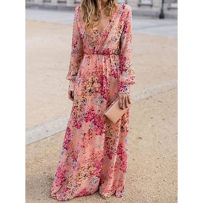 Women's Swing Dress Maxi long Dress Pink Long Sleeve Floral Print Lantern Sleeve Spring Summer Deep V Elegant Boho 2023 S M L XL XXL XXXL