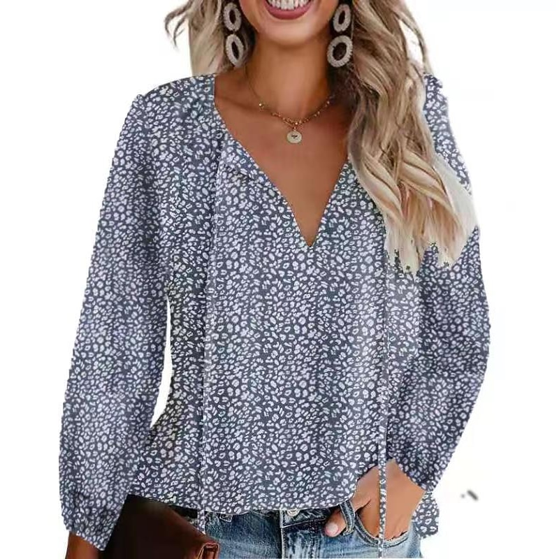 Women's Shirt Lace Shirt Blouse Dressy Tops Leopard Polka Dot Streetwear Casual Long Sleeve V Neck Regular Tops Casual Daily Holiday Lace up Print Black Light Green Pink Wine Blue Spring Fall3