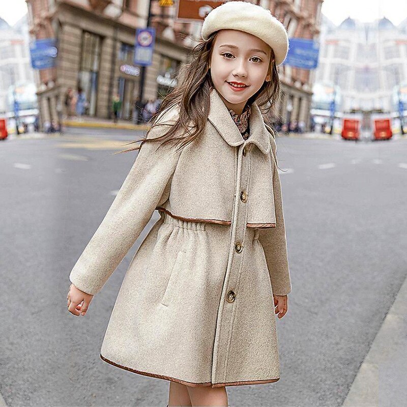 Kids Girls' Coat Long Sleeve Beige Plain Pocket Fall Winter Active Daily 3-13 Years