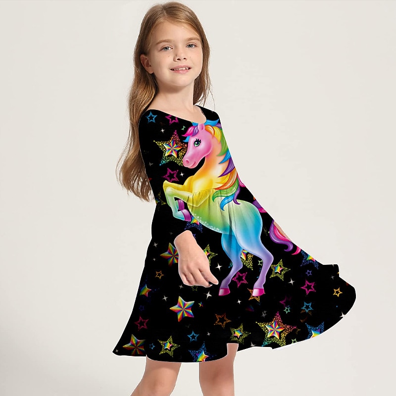 Girls' 3D Animal Unicorn Dress Long Sleeve 3D Print Spring Fall Vacation Daily Holiday Cute Casual Sweet Kids 3-10 Years Swing Dress A Line Dress Above Knee Regular Fit2