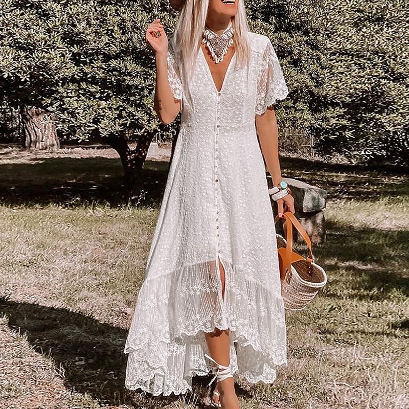 Women's Midi Dress Party Dress Swing Dress Elegant Mature Outdoor Holiday Going out Regular Fit Pure Color Short Sleeve V Neck White Summer Spring