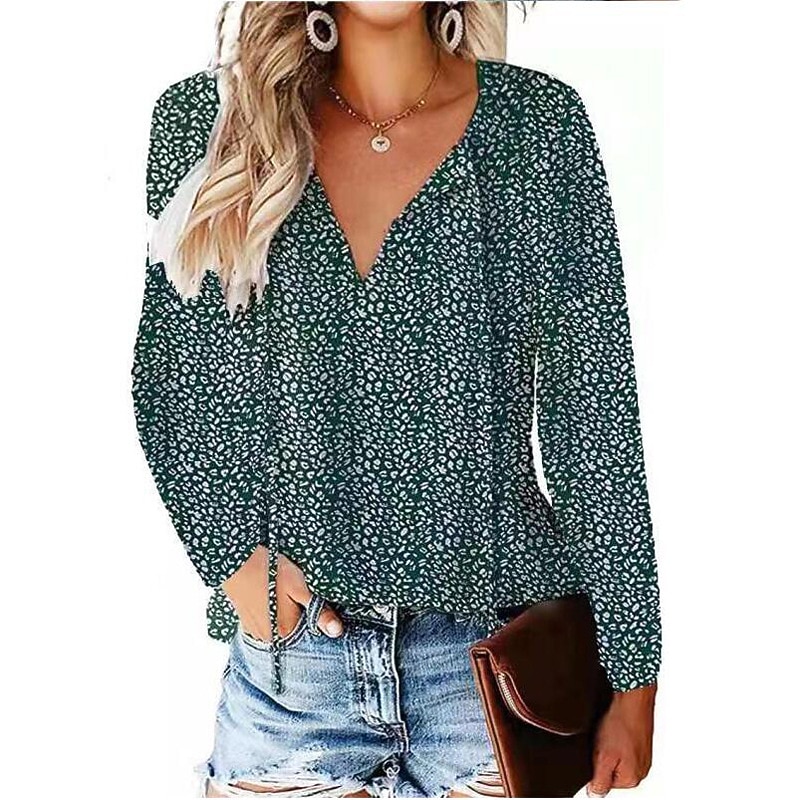 Women's Shirt Lace Shirt Blouse Dressy Tops Leopard Polka Dot Streetwear Casual Long Sleeve V Neck Regular Tops Casual Daily Holiday Lace up Print Black Light Green Pink Wine Blue Spring Fall4