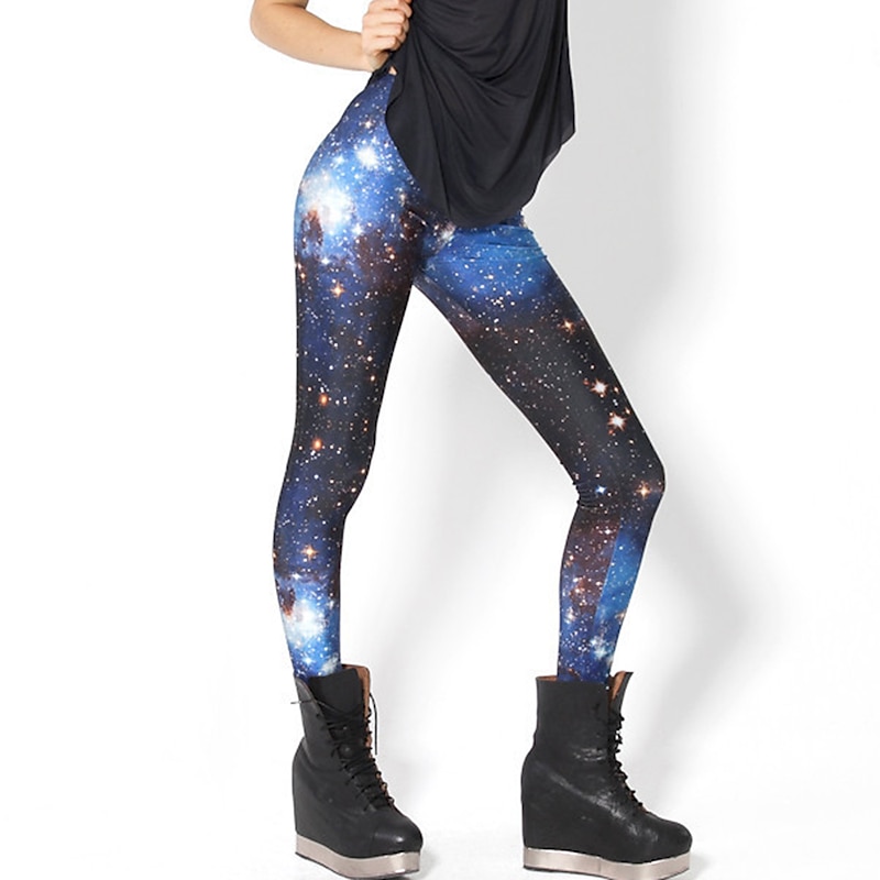 Women's Tights Leggings Black / White Green Blue Mid Waist Casual / Sporty Athleisure Weekend Yoga Print Stretchy Ankle-Length Comfort Galaxy One-Size / Skinny