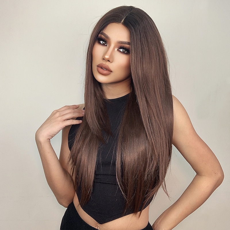 HAIRCUBE Auburn/Wine/Ombre Brown/Golden/Black Lace Front Wig Long Natural Straight 13*4*1 T Part Kanekalon Lace Wig With Baby Hair for Woman 180% Density4