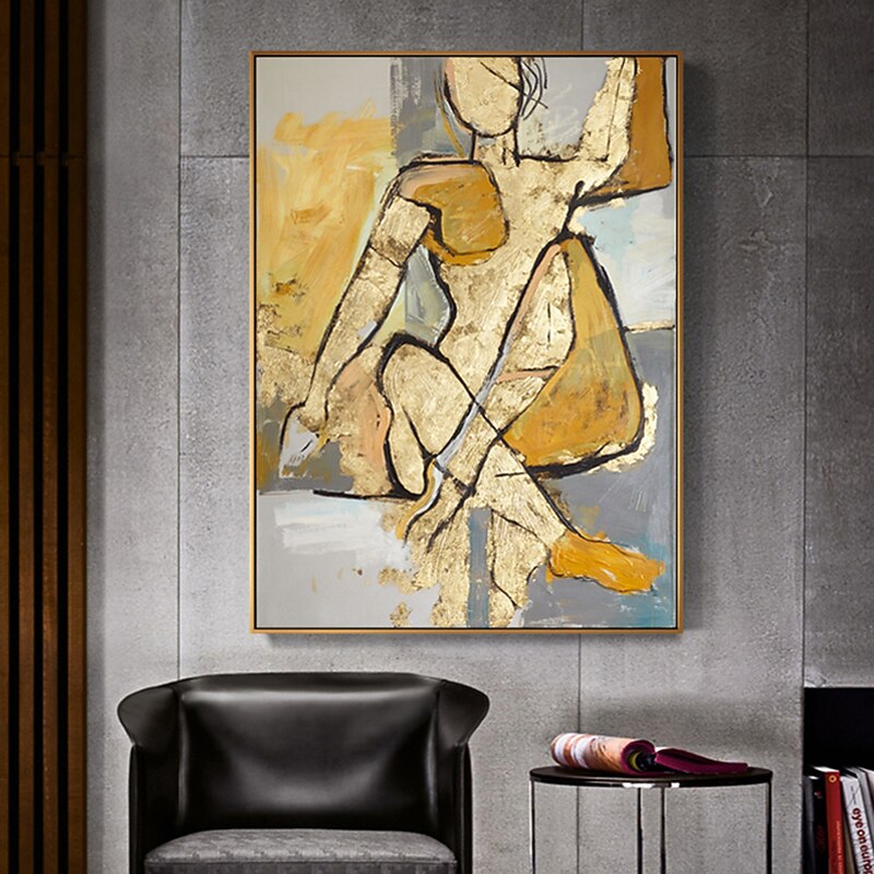 Mintura Handmade Abstract  Golden Figure Oil Painting On Canvas Wall Art Decoration Modern Picture For Home Decor Rolled Frameless Unstretched Painting