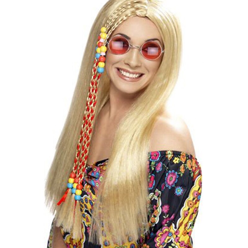 Women's Hippy Party Wig Long Straight Blonde Synthetic Wigs
