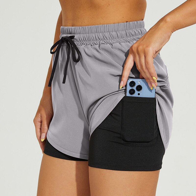 Women's Running Shorts Gym Shorts 2 in 1 with Phone Pocket Bottoms Athletic Breathable Soft Quick Dry Yoga Fitness Gym Workout Sportswear Activewear Solid Colored Dark Grey Violet Leopard Print2