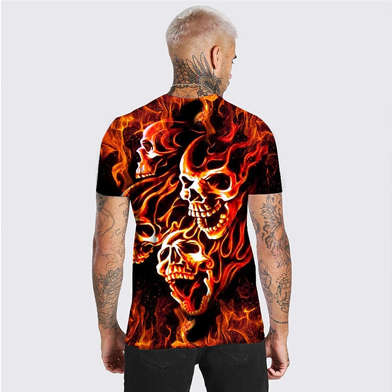 Men's Unisex Skull Graphic Prints Flame T Shirt Halloween Shirt Short Sleeve T shirt 3D Print Crew Neck Shirt Sports Designer Casual Outdoor Street Daily Orange Summer Clothing Apparel S M L XL XXL2