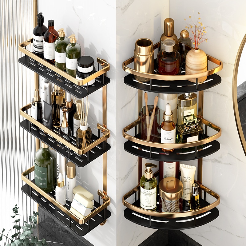 Shower Caddy Bathroom Corner Shelf Bathroom Shower Caddy Organizer for Kitchen Toilet No Drilling 2-tier Bathroom Corner Shelves Shower Caddies(Black&Golden)