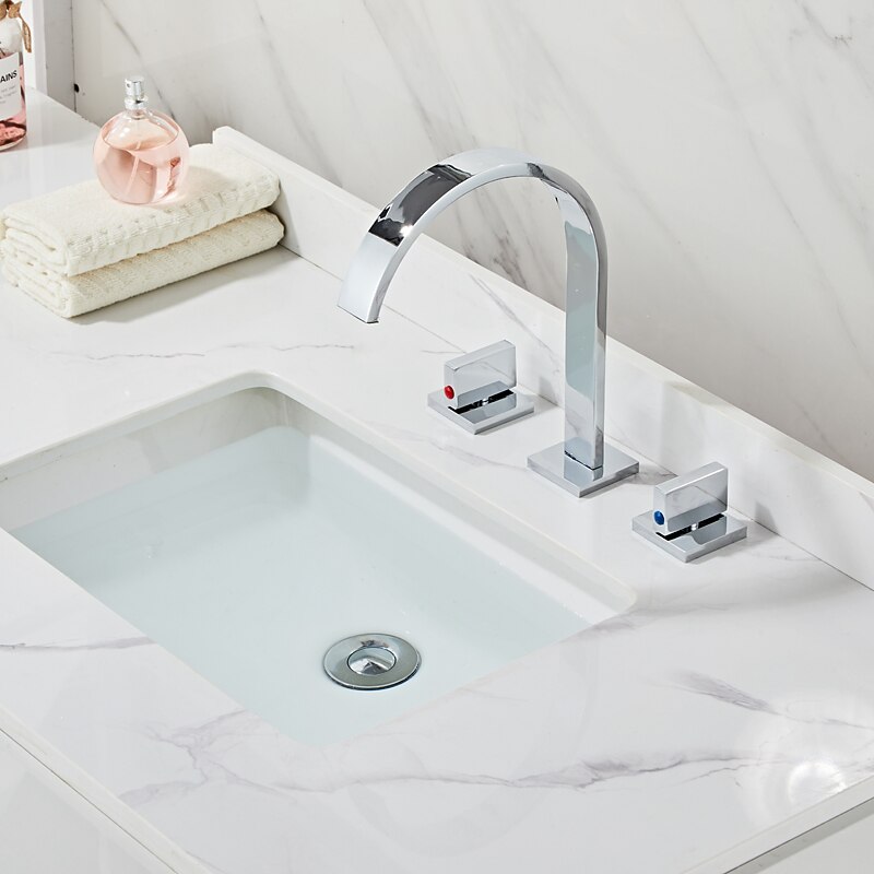Widespread Bathroom Sink Mixer Faucet, High Arc Basin Taps 3 Hole 2 Handle Basin Tap Deck Mounted, Y-shape Quick Connect ashroom Vessel Water Tap with Cold Hot Hose3
