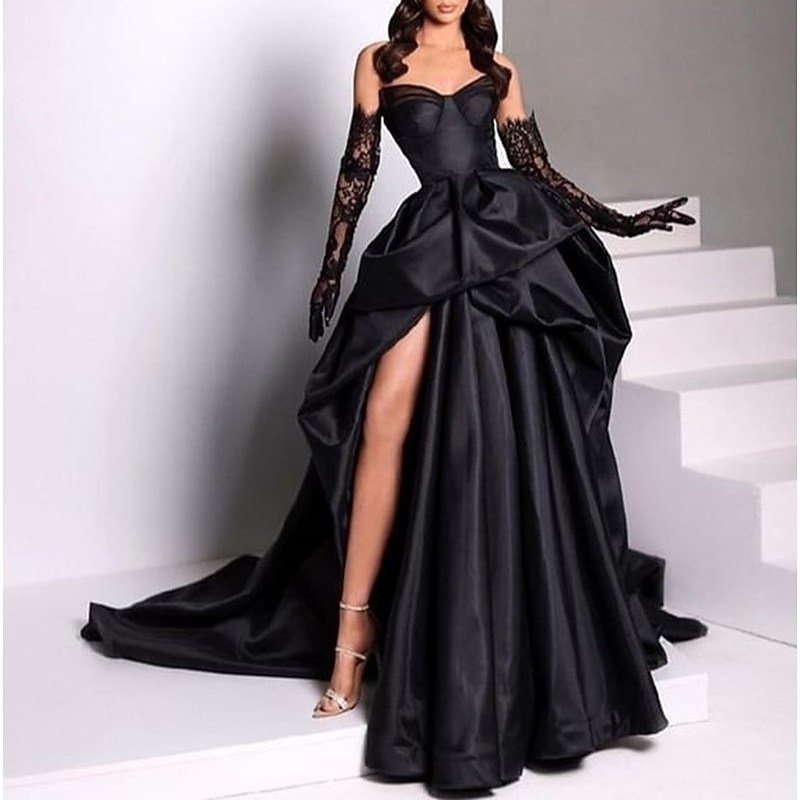 A-Line Evening Gown Vintage Dress Wedding Court Train Sleeveless Strapless Satin with Slit Pure Color Masquerade Dress (Without Gloves)