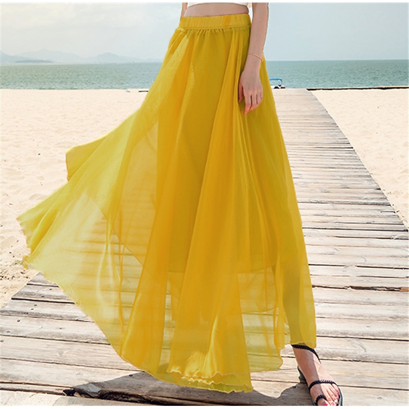Women's Skirt Swing Long Skirt Maxi Skirts Layered Solid Colored Casual Daily Beach Summer Chiffon Fashion Summer Black White Yellow Pink