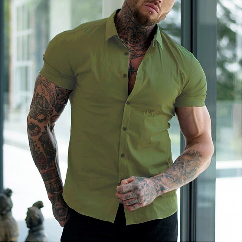 Men's Shirt Summer Shirt Casual Shirt Button Up Shirt Black White Yellow Pink Army Green Short Sleeve Plain Turndown Vacation Casual Button-Down Clothing Apparel Fashion Lightweight Comfortable Big4