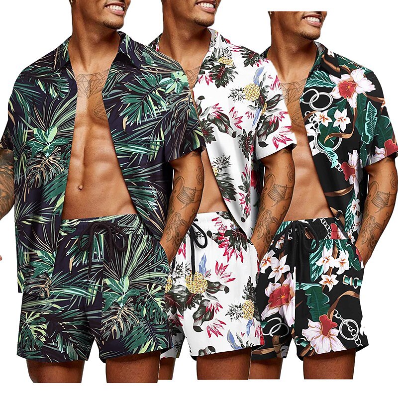 Men's Graphic Palm Leaf Tropical Plants 2pcs Shirts Sets Summer Hawaiian Shirt Short Sleeve Short Pants Turndown Designer Beach Vacation Casual Daily 3D Summer Silver Red / White Green / Black2