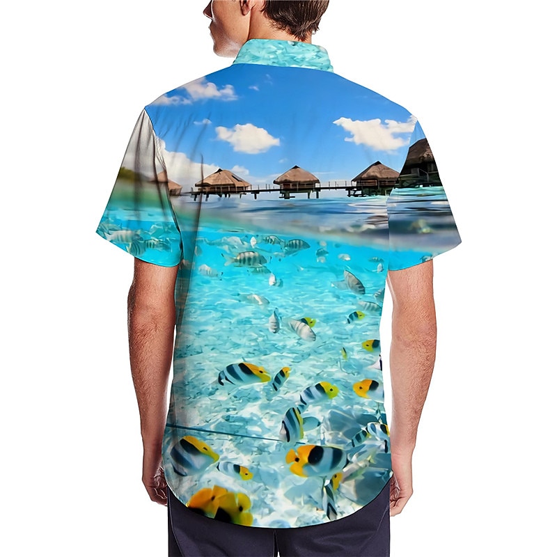 Men's Graphic Scenery Seascape Pattern Shirt Summer Shirt Summer Hawaiian Shirt Short Sleeve Shirt Turndown Fashion Hawaiian Designer Outdoor Street Casual Black Yellow Navy Blue Print S M L2