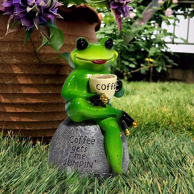 Songlake Creative Cute Frog Statue Garden Frog Drinking Coffee Resin Statuette Craft Decoration Sculpture Indoor Outdoor Garden Decoration2
