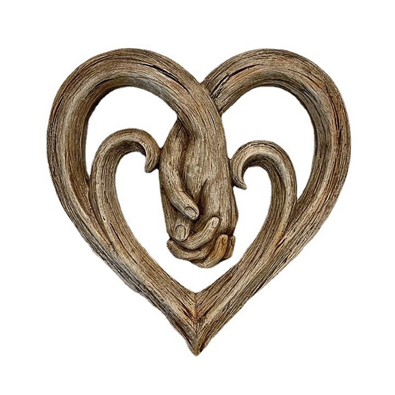 Heart Holding Hands Wall Decor Wooden Sculpture Wall Art Handshake Craft Statue for Home Office Garden Decoration- Forever Love4