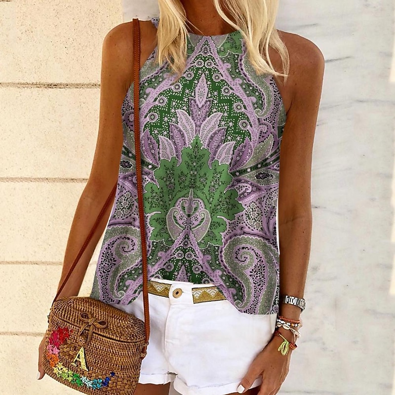 Women's Camisole Tank Top Halter Summer Tops Pink Blue Purple Graphic Floral Sleeveless Ethnic Boho Halter S3