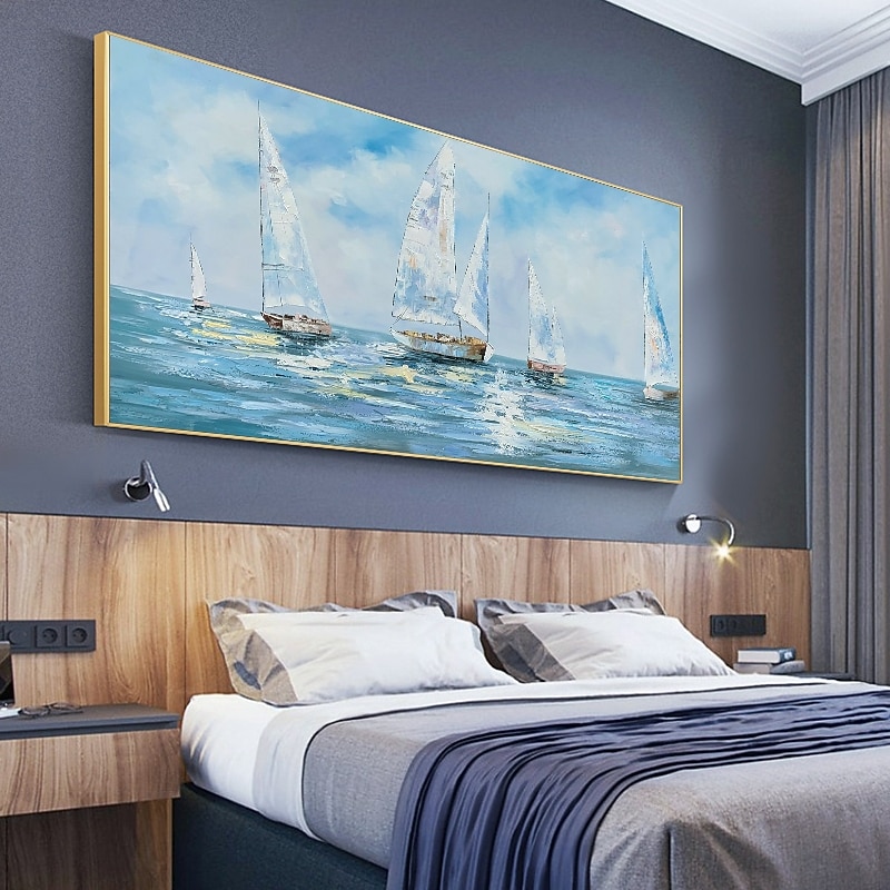 Handmade Hand Painted Oil Painting Wall Art Abstract Blue Sea Boat Paintings Home Decoration Decor Rolled Canvas No Frame Unstretched4