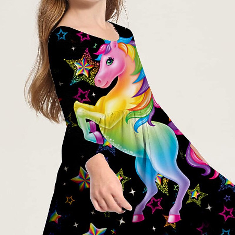 Girls' 3D Animal Unicorn Dress Long Sleeve 3D Print Spring Fall Vacation Daily Holiday Cute Casual Sweet Kids 3-10 Years Swing Dress A Line Dress Above Knee Regular Fit4