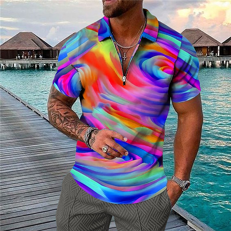 Men's Graphic Hawaiian Polo Shirts Golf Shirt Short Sleeve Polo Shirts Collared Shirts Casual Beach Wear Vacation Wear Party Outfits 3D Print Quarter Zip Polo Blue Purple Green4