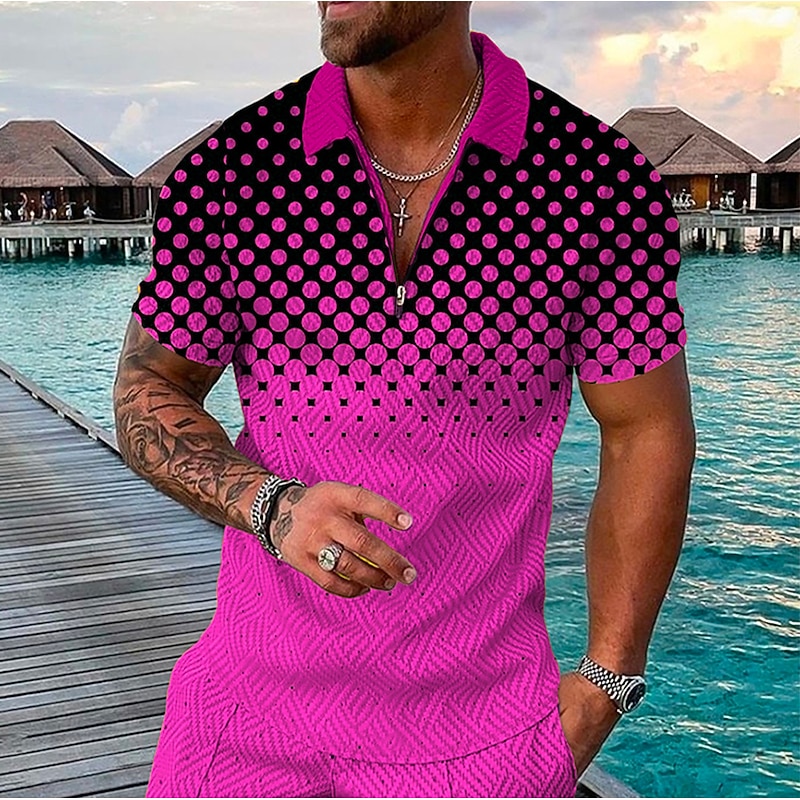 Men's Geometric Hawaiian Polo Shirts Golf Shirt Short Sleeve Polo Shirts Collared Shirts Casual Beach Wear Vacation Wear Party Outfits 3D Print Quarter Zip Polo Yellow Pink Blue4