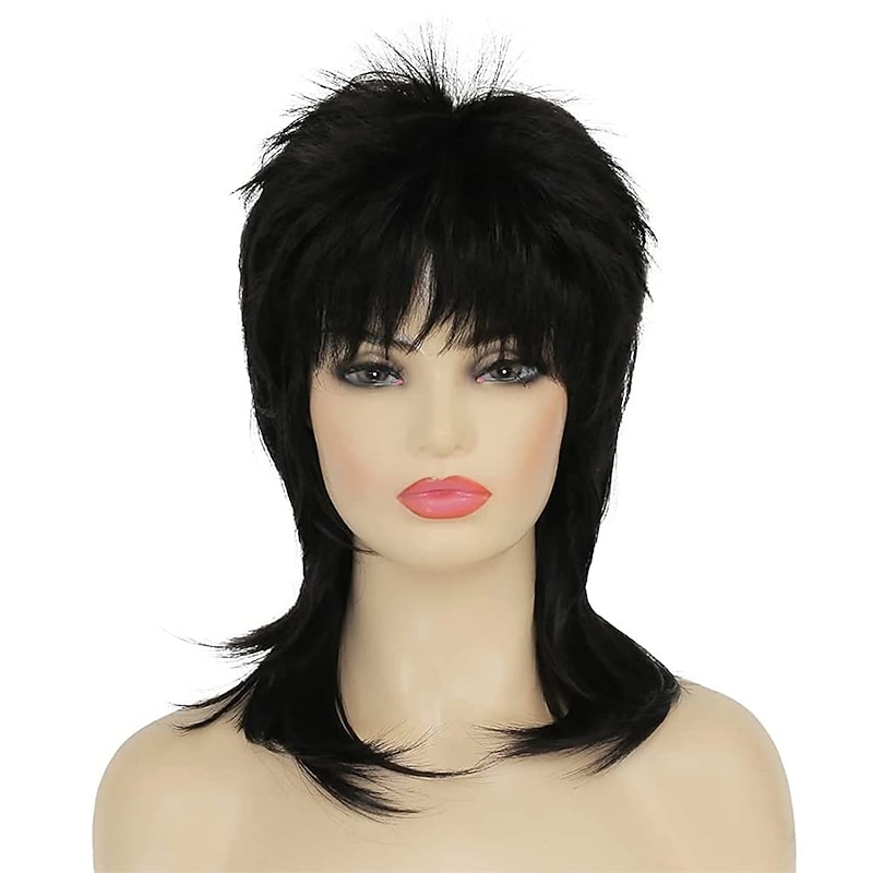 Short Black Wig Shaggy Layered Wig 80s Mullet Wig for Women Black Curly Wig Heat Resistant Cosplay Daily Hair Wigs Halloween Wigs