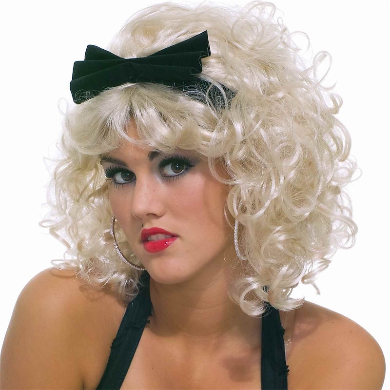 Women's 80's Pop Star Wig with Bow Cosplay Costume Wig Curly With Bangs Wig Short Light golden Synthetic Hair Women's Soft Easy to Carry Fashion Blonde Halloween Wigs2
