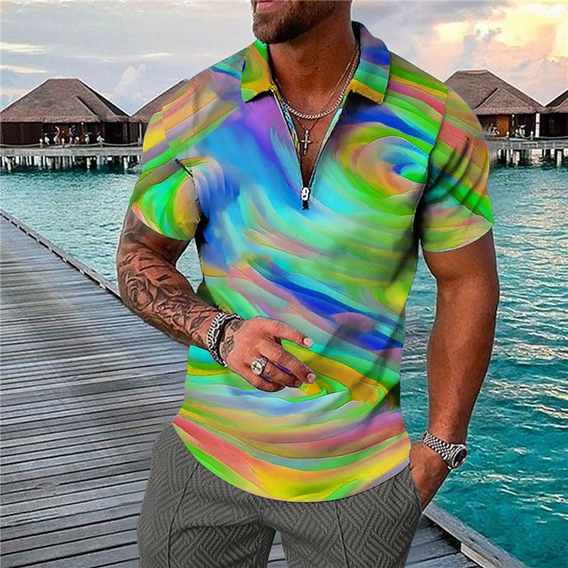 Men's Graphic Hawaiian Polo Shirts Golf Shirt Short Sleeve Polo Shirts Collared Shirts Casual Beach Wear Vacation Wear Party Outfits 3D Print Quarter Zip Polo Blue Purple Green3