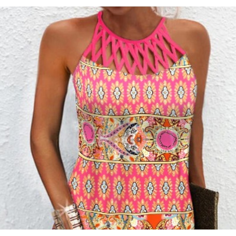 Women's Mini Dress Petite Dress Casual Dress Ethnic Dress Boho Dress Halter Neck Dress Fashion Stylish Modern Vacation Daily Date Regular Fit Geometric Print Sleeveless Halter Neck Pink Summer Spring3
