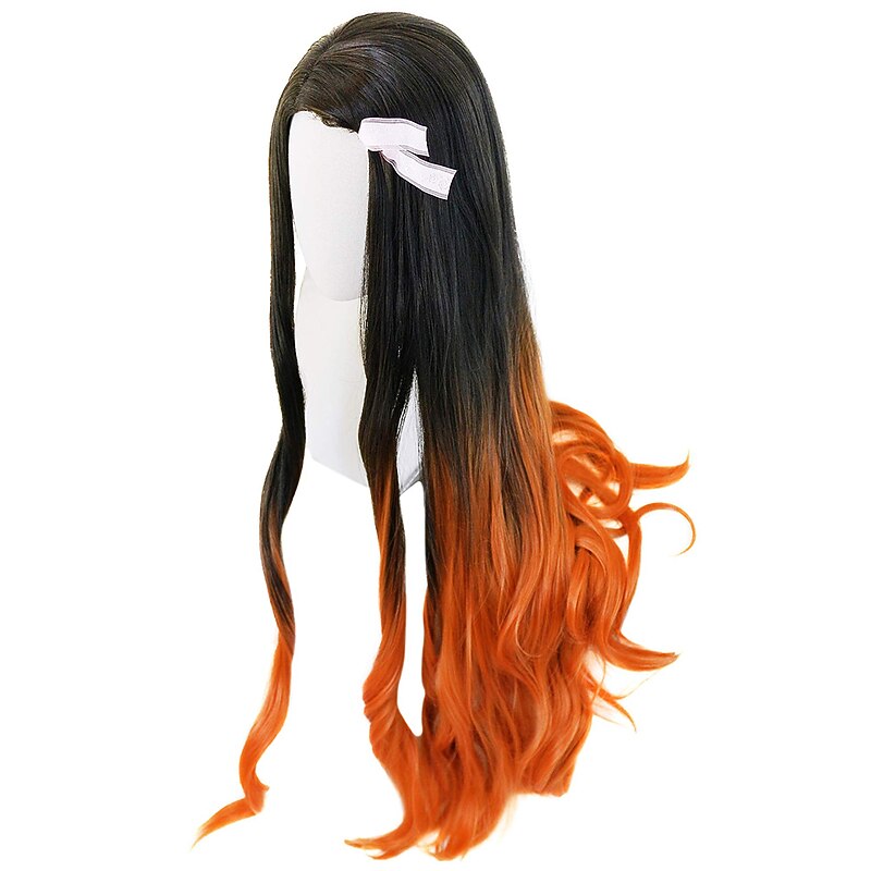 Women's Nezuko Cosplay Wig Long Black Gradient Orange Wave Hair Halloween Wigs4